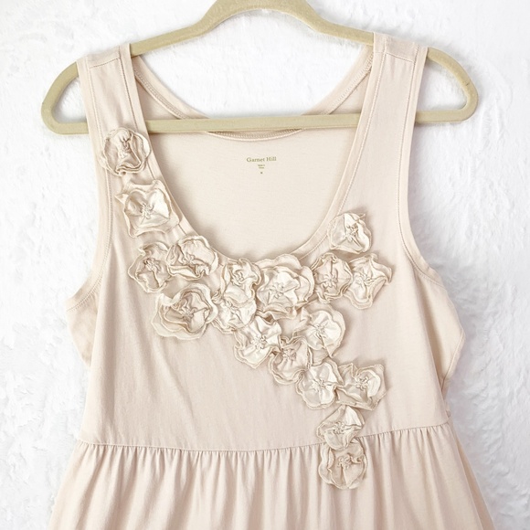 Garnet Hill 3-D Floral Embellished Cotton Tank Dress Beige Sz M - Picture 3 of 13